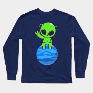 Cute Alien Sitting On Planet with Waving Hand Cartoon Long Sleeve T-Shirt